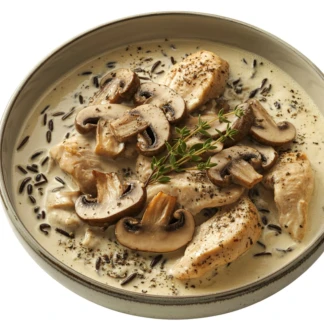 Les Cuisses de poulet sauce champignon et son riz nature Visuel